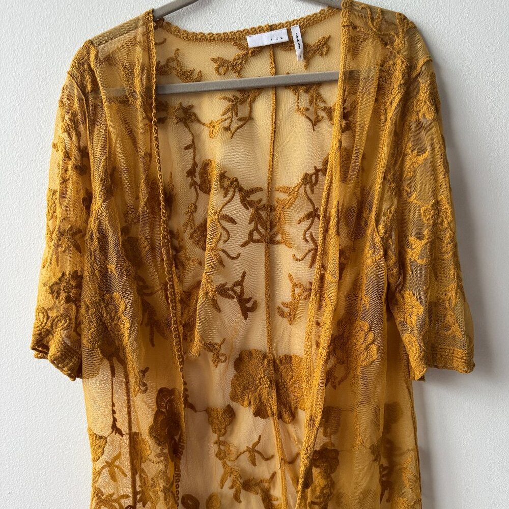 Luq Mustard Yellow Embroidered Mesh Kimono – Boho Chic!